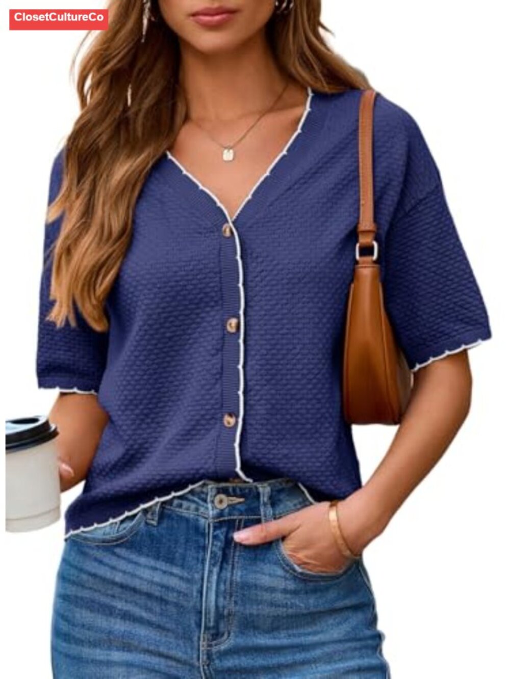 Women's Summer Short Sleeve Button Down Cardigan Textured Knit Blouse